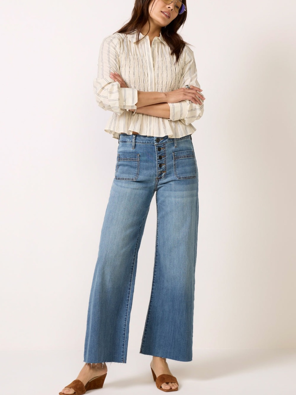 KUT from the Kloth Meg High Rise Wide Leg Jeans Button Fly Raw Hem Patch Pockets